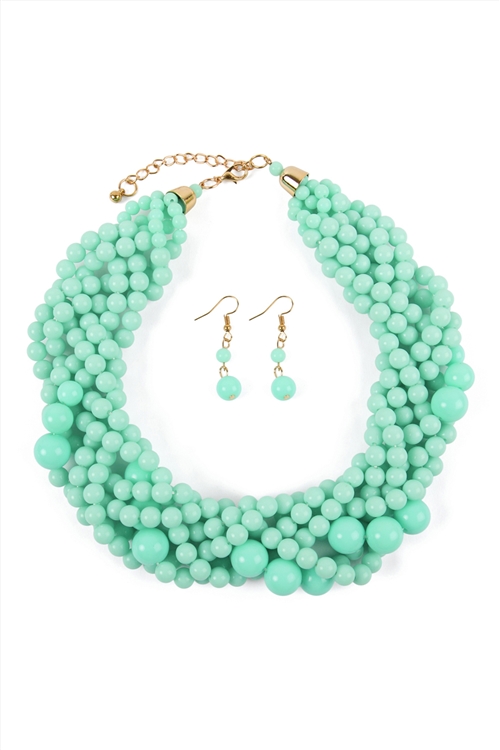 S26-9-1-HDN2162MN MINT MULTI STRAND BUBBLE CHOKER NECKLACE AND EARRING SET/6SETS