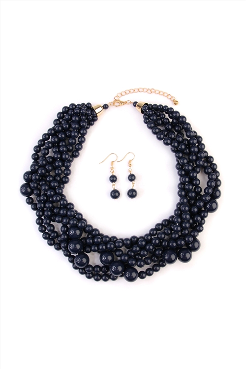 S26-9-1-HDN2162NV NAVY MULTI STRAND BUBBLE CHOKER NECKLACE AND EARRING SET/6SETS