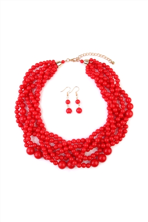 S27-7-1-HDN2162RD RED MULTI STRAND BUBBLE CHOKER NECKLACE AND EARRING SET/6SETS