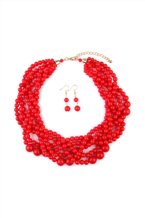 S27-7-1-HDN2162RD RED MULTI STRAND BUBBLE CHOKER NECKLACE AND EARRING SET/6SETS