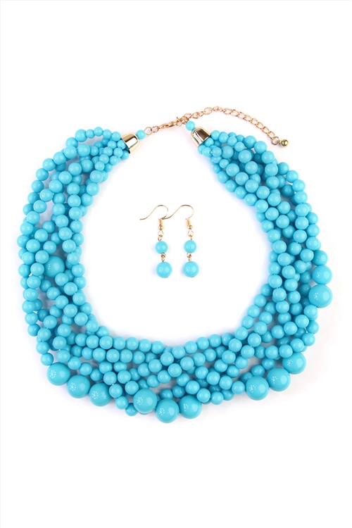 S20-1-1-HDN2162TQ TURQUOISE MULTI STRAND BUBBLE CHOKER NECKLACE AND EARRING SET/6SETS