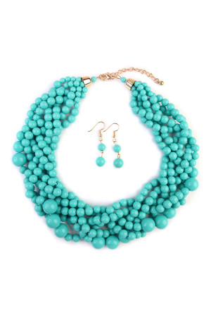 S25-1-2-HDN2162TTQ TURQUOISE MULTI STRAND BUBBLE CHOKER NECKLACE AND EARRING SET/6SETS
