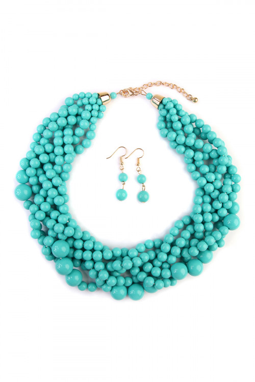 S23-1-2-HDN2162TTQ TURQUOISE MULTI STRAND BUBBLE CHOKER NECKLACE AND EARRING SET/6SETS