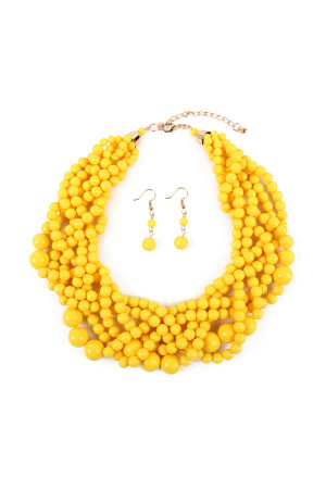 S26-2-1-HDN2162YW YELLOW MULTI STRAND BUBBLE CHOKER NECKLACE AND EARRING SET/6SETS