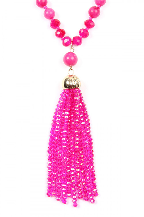 S20-5-2-HDN2237FU FUCHSIA RONDELLE TASSEL PENDANT WITH POLYCORD NECKLACE/6PCS