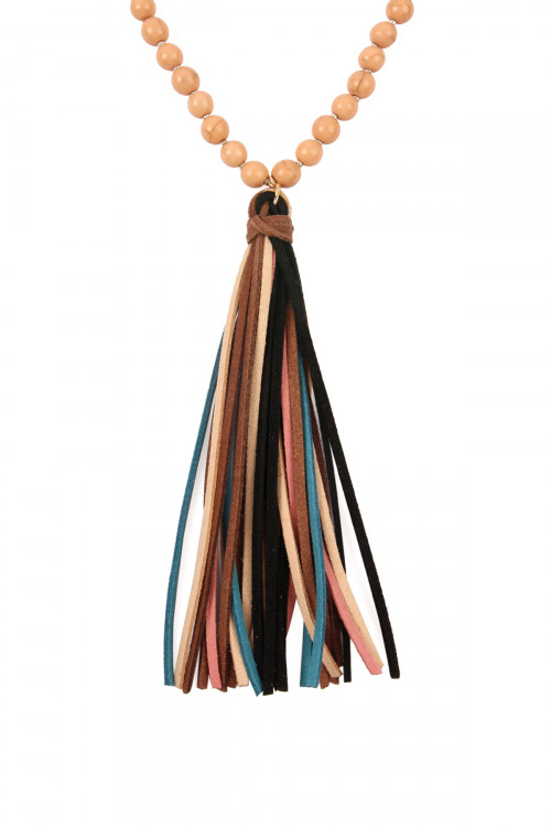 S25-5-2-HDN2238BR BROWN COLORFUL NATURAL STONE AND GLASS BEADS WITH TASSEL NECKLACE/6PCS