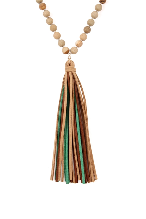 S25-6-2-HDN2238LCT-LIGHT BROWN COLORFUL NATURAL STONE AND GLASS BEADS WITH TASSEL NECKLACE/6PCS