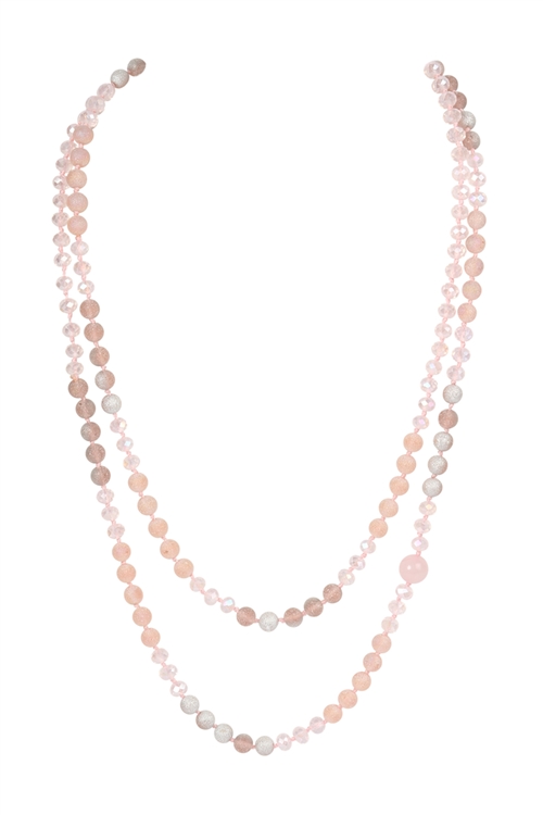 S5-6-1-HDN2243PK PINK GLITTER COLORED NATURAL STONE WITH KNOTTED GLASS BEADS LONG NECKLACE/6PCS