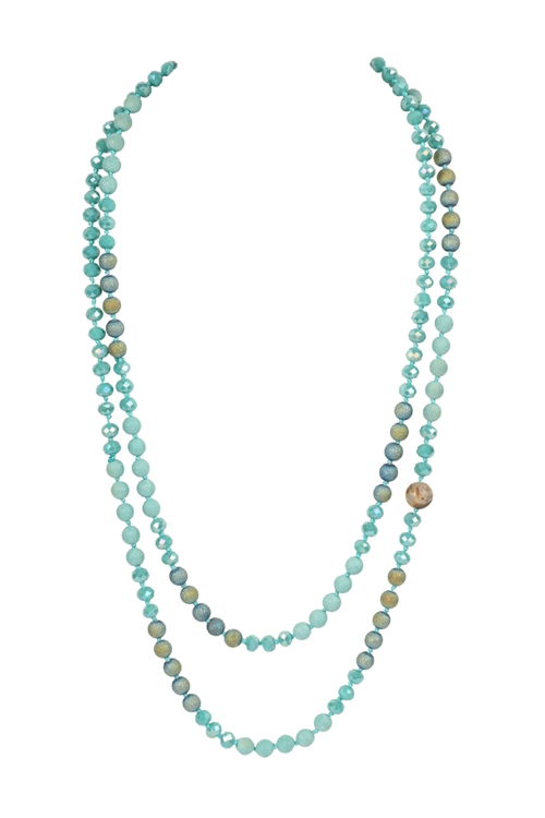 S7-4-2-HDN2243TQ TURQUOISE 60" GLITTER COLORED NATURAL STONE WITH KNOTTED GLASS BEADS LONG NECKLACE/6PCS