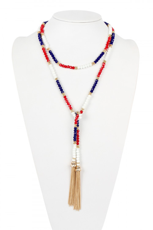 S4-4-4-HDN2488USA RED WHITE BLUE TWO TONE GLASS BEADS LONG NECKLACE/6PCS