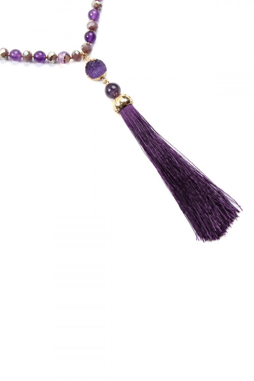 S20-1-1-HDN2492AM VIOLET TASSEL NATURAL STONE NECKLACE/6PCS