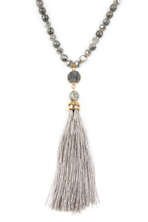 S20-1-1-HDN2492BK BLACK TASSEL NATURAL STONE NECKLACE/6PCS