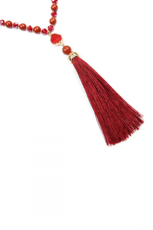 S20-1-1-HDN2492BU BURGUNDY TASSEL NATURAL STONE NECKLACE/6PCS