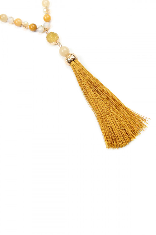 S20-1-1-HDN2492MU MUSTARD TASSEL NATURAL STONE NECKLACE/6PCS