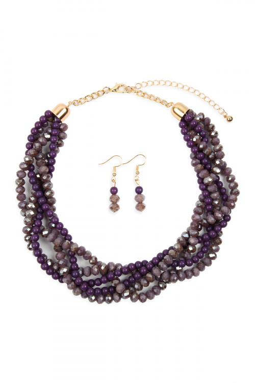 S21-4-1-HDN2552AM DARK PURPLE  4 LINES BRAIDED GLASS BEADS NECKLACE AND EARRING SET/6SETS