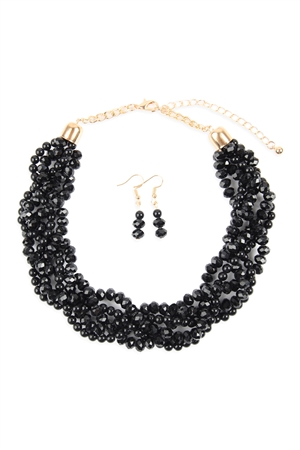 A2-1-1-HDN2552BK-1 BLACK 4 LINES BRAIDED GLASS BEADS NECKLACE AND EARRING SET/1SET