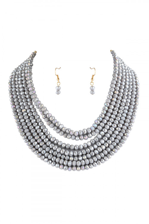 A1-1-4-HDN2636GY GRAY 7 LINES LAYERED GLASS BEADS NECKLACE WITH EARRING SET/6SETS