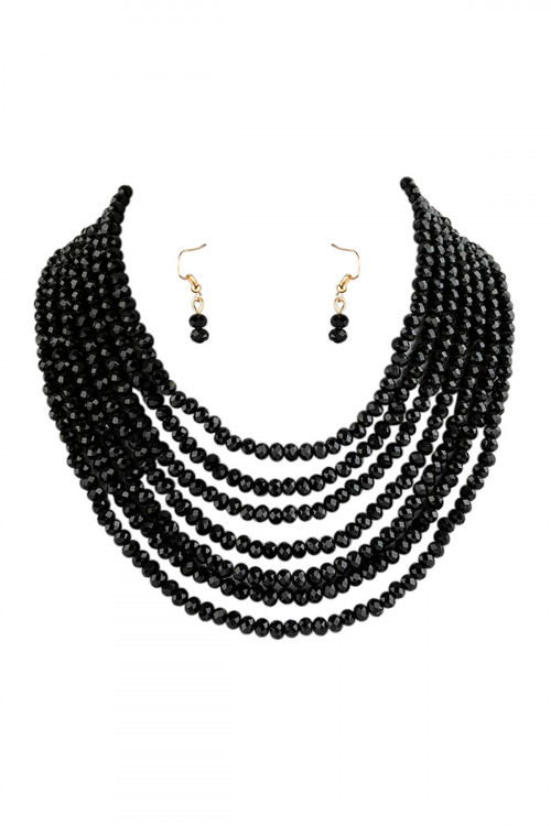 A1-2-1HDN2636JT JET BLACK 7 LINES LAYERED GLASS BEADS NECKLACE WITH EARRING SET/6SETS