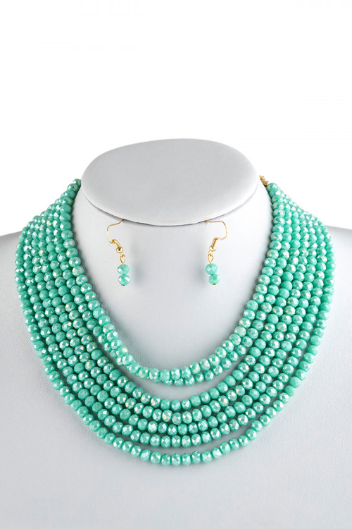 A1-2-1-HDN2636TQ TURQUOISE 7 LINES LAYERED GLASS BEADS NECKLACE WITH EARRING SET/6SETS