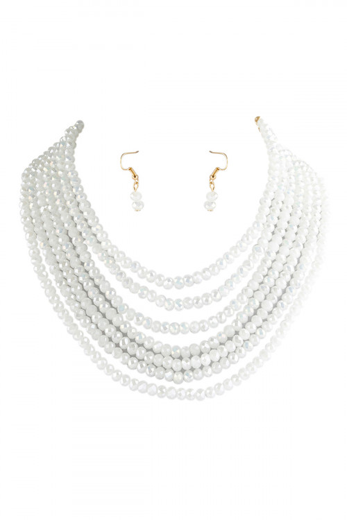 A1-2-1-HDN2636WT WHITE 7 LINES LAYERED GLASS BEADS NECKLACE WITH EARRING SET/6SETS