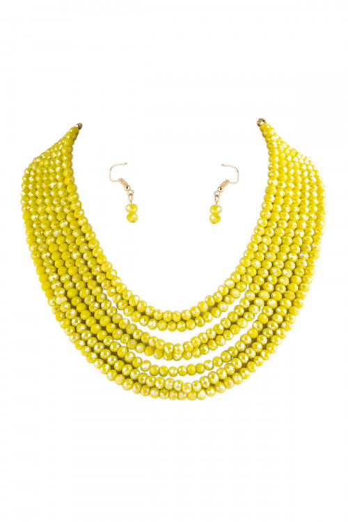 A1-1-4-HDN2636YW YELLOW 7 LINES LAYERED GLASS BEADS NECKLACE WITH EARRING SET/6SETS