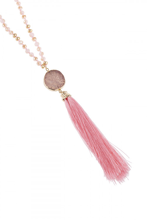 S22-3-1-HDN2747PK PINK STONE CHARM WITH TASSEL NECKLACE/6PCS
