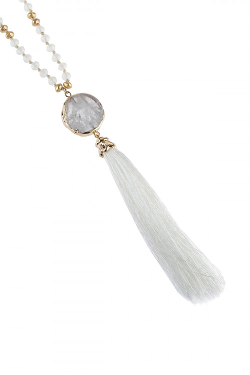 S22-2-1-HDN2747WT WHITE STONE CHARM WITH TASSEL NECKLACE/6PCS