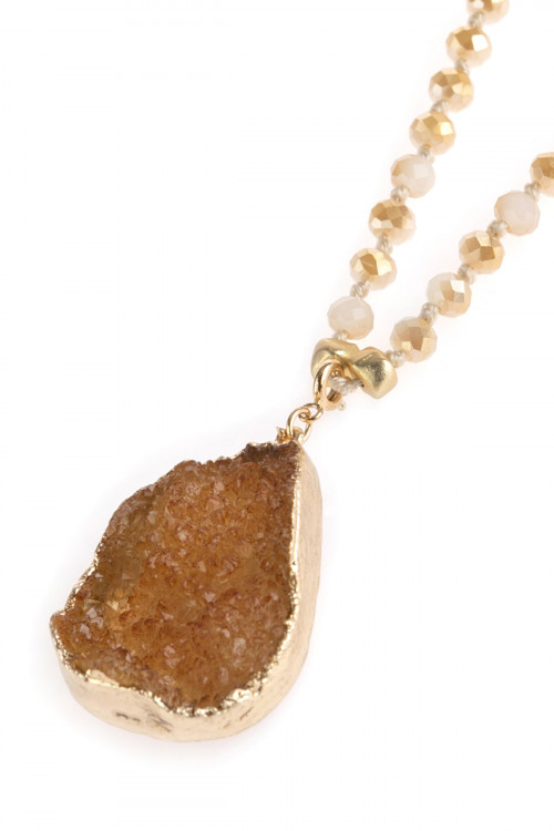 S18-12-4-HDN2749LBR LIGHT BROWN DRUZY STONE PENDANT WITH GLASS BEADED NECKLACE/6PCS