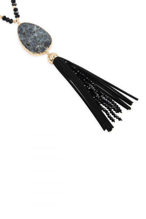 S17-8-4/S17-8-2-HDN2755BK BLACK NATURAL STONE WITH TASSEL PENDANT NECKLACE/6PCS