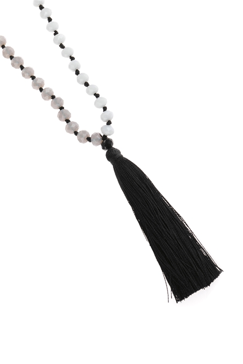 S25-1-2-HDN2783BK BLACK FRINGE TASSEL PENDANT WITH GLASS BEADS NECKLACE/6PCS