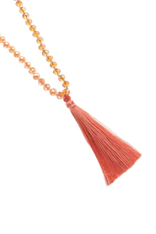 S25-1-2-HDN2783PK PINK FRINGE TASSEL PENDANT WITH GLASS BEADS NECKLACE/6PCS