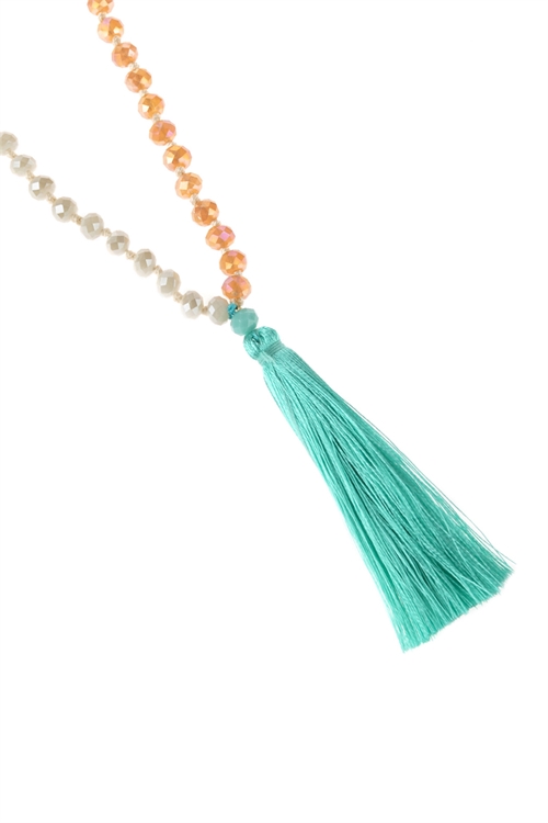 A2-1-2-HDN2783TQ TURQUOISE FRINGE TASSEL PENDANT WITH GLASS BEADS NECKLACE/6PCS