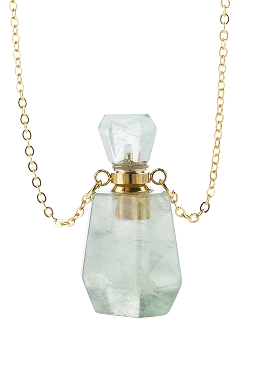 S21-9-3-HDN2930GR - NATURAL STONE ROUNDED CRYSTAL PERFUME BOTTLE NECKLACE WITH BOX - GREEN/6PCS