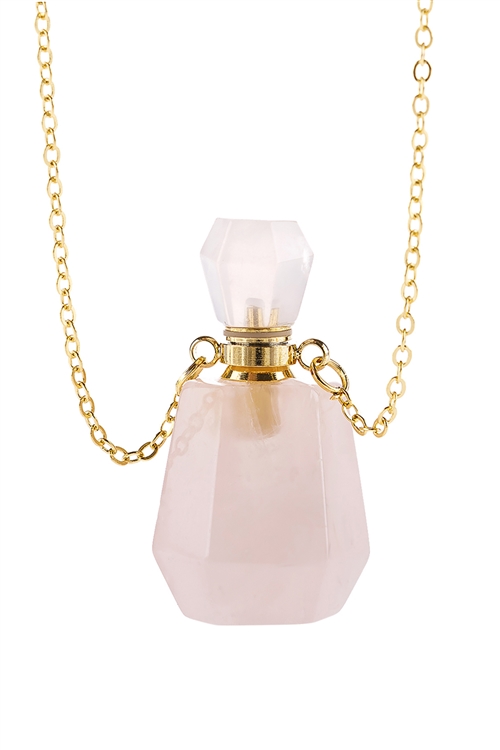 S19-7-1-HDN2930PK - NATURAL STONE ROUNDED CRYSTAL PERFUME BOTTLE NECKLACE WITH BOX - PINK/6PCS