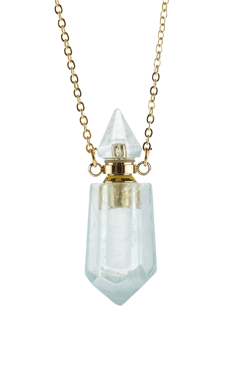 S25-1-3-HDN2932GR - NATURAL STONE POINTED CRYSTAL PERFUME BOTTLE NECKLACE WITH BOX - GREEN/6PCS