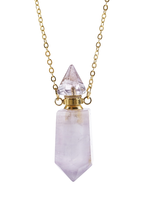 S25-1-3-HDN2932PU - NATURAL STONE POINTED CRYSTAL PERFUME BOTTLE NECKLACE WITH BOX - PURPLE/6PCS