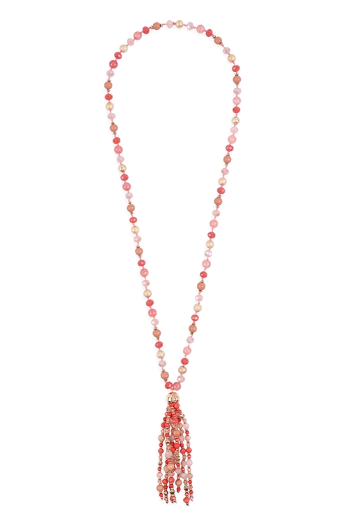 S18-11-1-HDN3109CO-BEADED TASSEL STATEMENT NECKLACE-CORAL/6PCS (NOW $2.00 ONLY!)