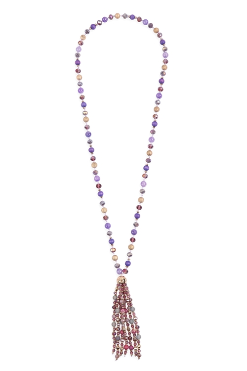 S28-3-2-HDN3109PU-BEADED TASSEL STATEMENT NECKLACE-PURPLE/6PCS