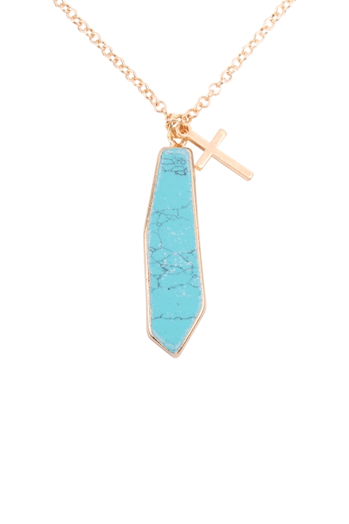 S17-8-5-HDN3123TQ-NATURAL STONE WITH CROSS PENDANT NECKLACE-TURQUOISE/6PCS