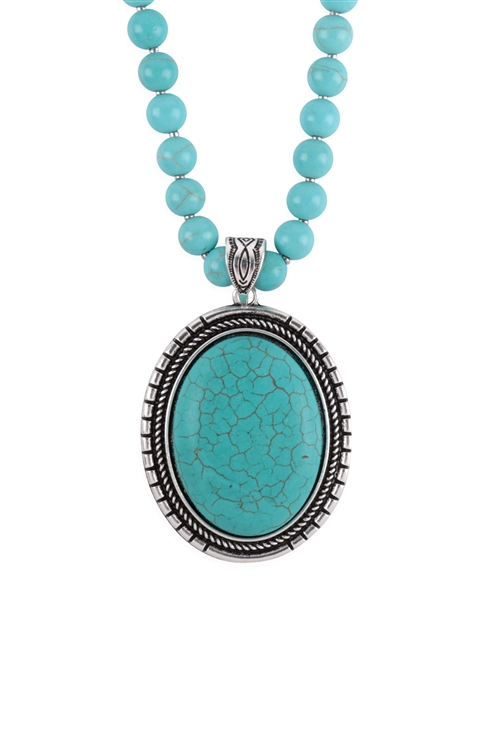 S22-1-4-HDN3665TQ - NATURAL STONE ROUND PENDANT STATEMENT NECKLACE AND EARRING SET - TURQUOISE/6PCS