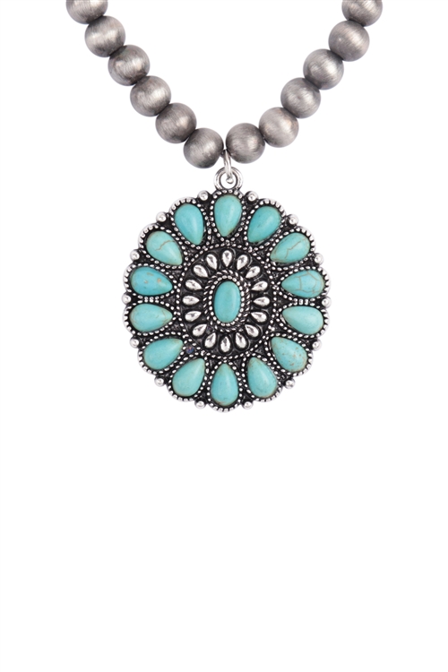 S3-9-1-HDN3801 - WESTERN CONCHO NATURAL STONE ROUND PENDANT NECKLACE-BURNISH TURQUOISE/6PCS