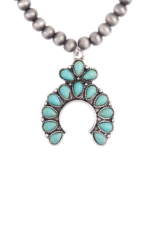 S22-13-3-HDN3802 - WESTERN CONCHO NATURAL STONE HALF CIRCLE PENDANT NECKLACE-BURNISH TURQUOISE/6PCS