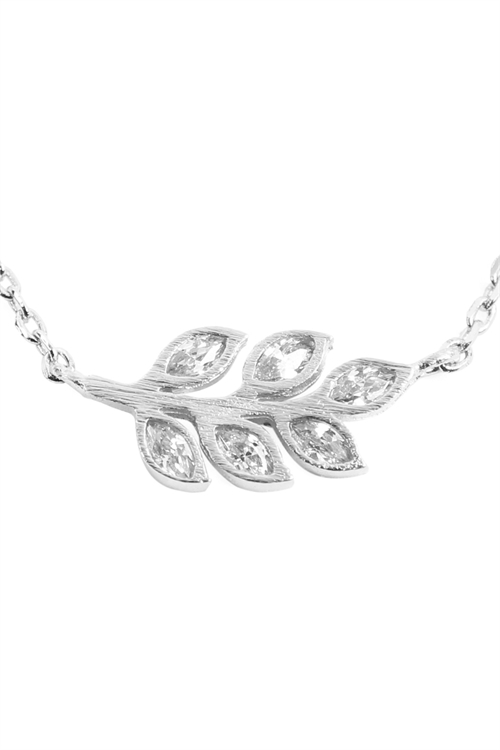 S22-8-5-HDND3N19OR - LEAVES BRANCH CRYSTAL PAVE PENDANT NECKLACE - SILVER/1PC