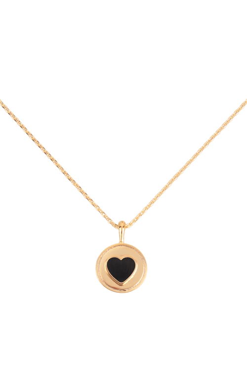 A3-3-2-HDNGN337GDBK - HEART ROUND PENDANT BRASS NECKLACE - GOLD BLACK/6PCS