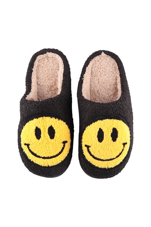 S4-10-1-HDS3744BK - SMILEY FACE FUZZY FLEECE SOFT SLIPPER ASSORTED SIZE-BLACK/6PCS (S2-M2-L2)