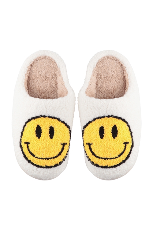 S22-7-1-HDS3744WT-L - SMILEY FACE FUZZY FLEECE SOFT SLIPPER -LARGE WHITE/1PAIR