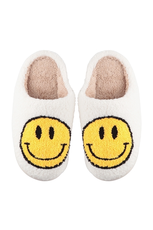 S19-6-1/S21-7-1-HDS3744WT-S - SMILEY FACE FUZZY FLEECE SOFT SLIPPER -SMALL WHITE/1PAIR