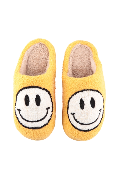 S18-7-1-HDS3744YW-L- SMILEY FACE FUZZY FLEECE SOFT SLIPPER -LARGE YELLOW/1PAIR