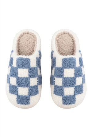 S7-3-1-HDS3854BL-S - CHECKERED PRINT FLEECE SLIPPER-BLUE SMALL/1PAIR