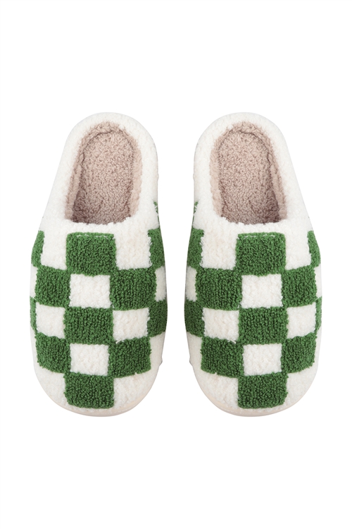 S11-1-1-HDS3854GR - CHECKERED PRINT FLEECE SLIPPER-GREEN/6PCS (S2-M2-L2)